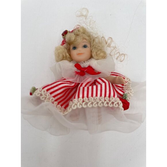 Vintage Blonde Porcelain Doll In Red & White Striped Dress With Tulle - Picture 3 of 5